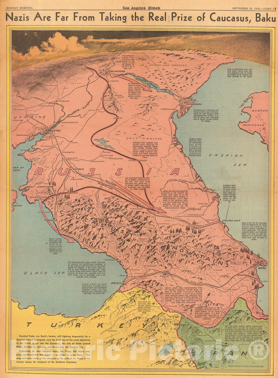Historic Map : Nazis are far from taking the real prize of Causasus, Baku, 1942, Vintage Wall Art