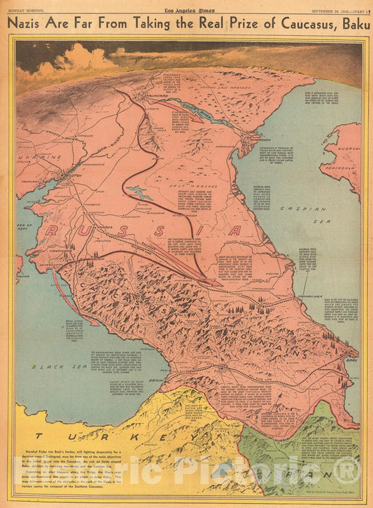 Historic Map : Nazis are far from taking the real prize of Causasus, Baku, 1942, Vintage Wall Art