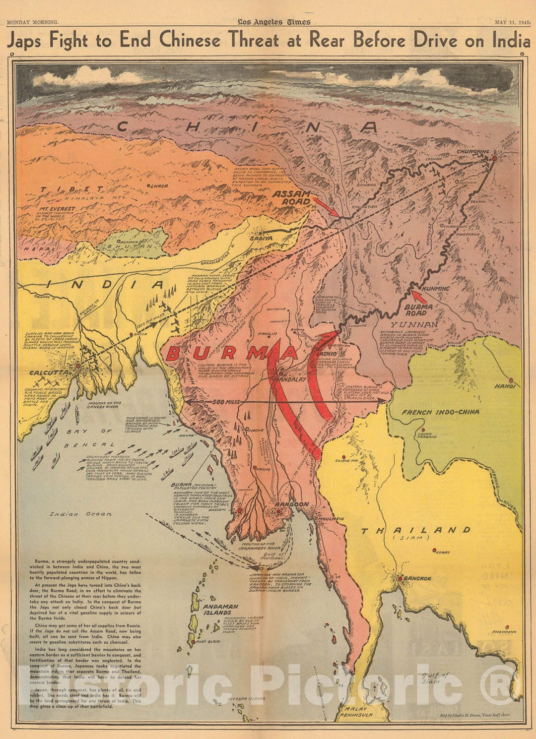 Historic Map : Japs fight to end Chinese threat at rear before drive on India, 1942, Vintage Wall Art