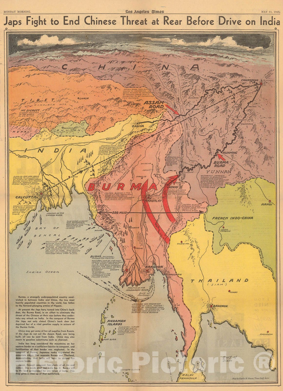Historic Map : Japs fight to end Chinese threat at rear before drive on India, 1942, Vintage Wall Art