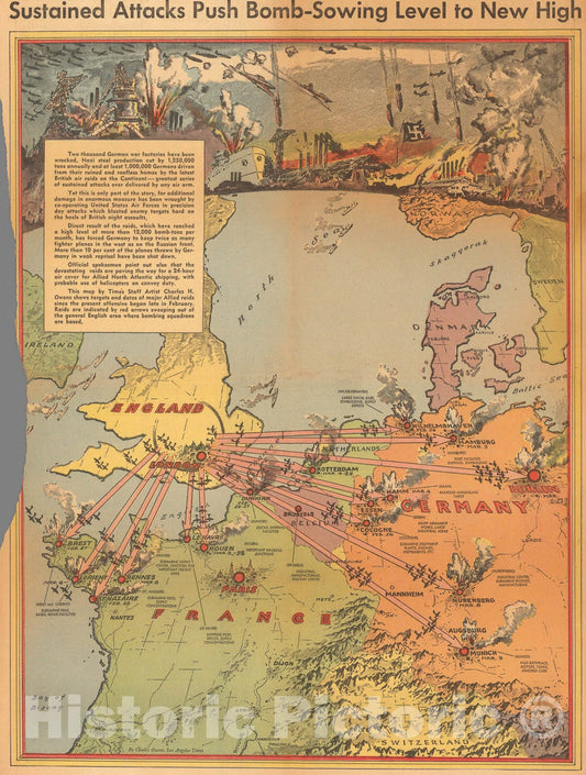 Historic Map : Sustained attacks push bomb-sowing level to new high, 1943, Vintage Wall Art
