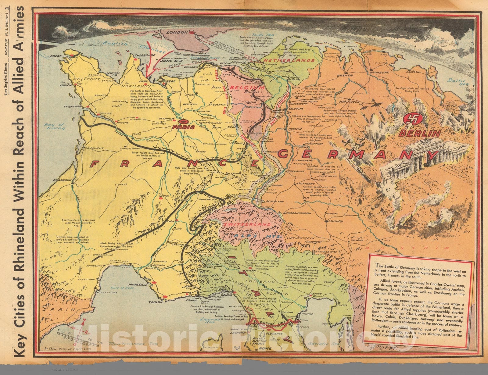 Historic Map : Key cities of Rhineland within reach of allied armies, 1944, Vintage Wall Art