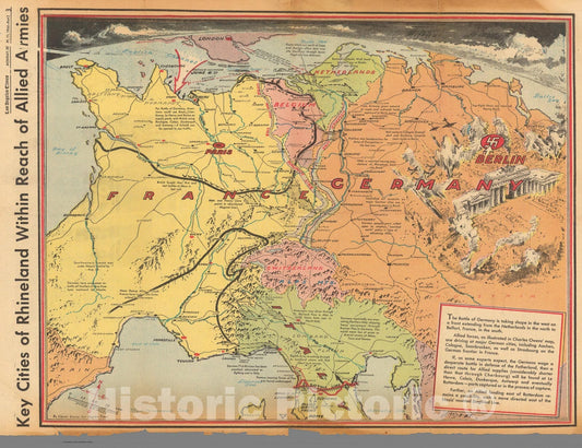 Historic Map : Key cities of Rhineland within reach of allied armies, 1944, Vintage Wall Art