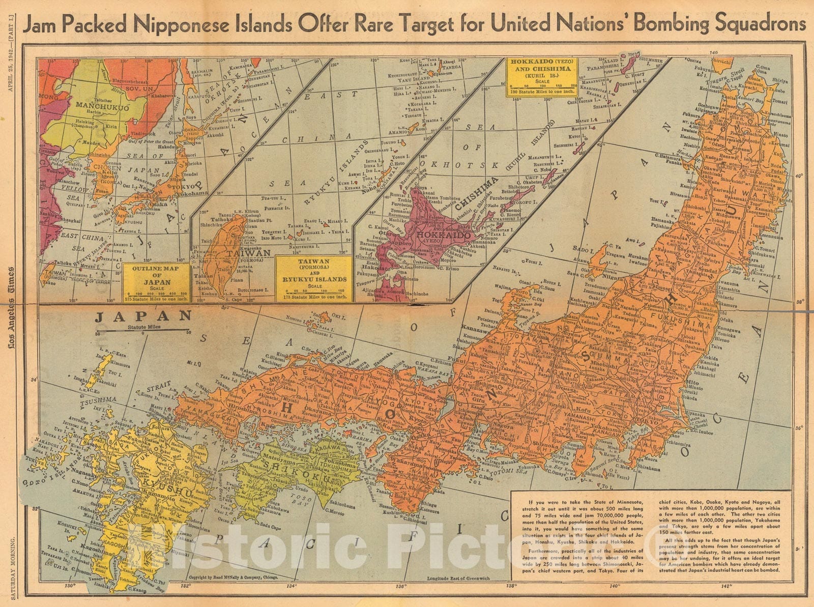 Historic Map : Jam packed Nipponese Islands offer rare target for United Nations' bombing squadrons, 1942, Vintage Wall Art