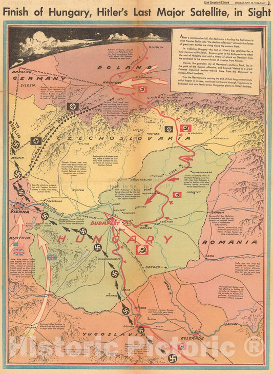 Historic Map : Finish of Hungary, Hitler's last major satellite, in sight, 1944, Vintage Wall Art