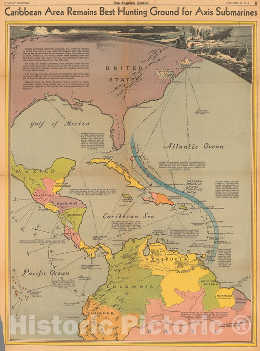 Historic Map : Caribbean area remains best hunting ground for Axis submarines, 1942, Vintage Wall Art