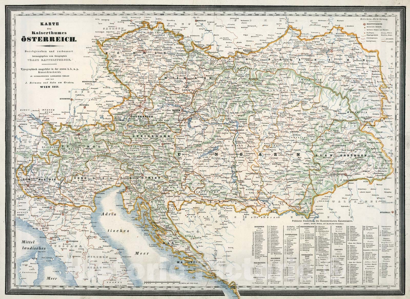 Historic Map : Karte des Kaiserthums Oesterreich, 1841, Vintage Wall Art