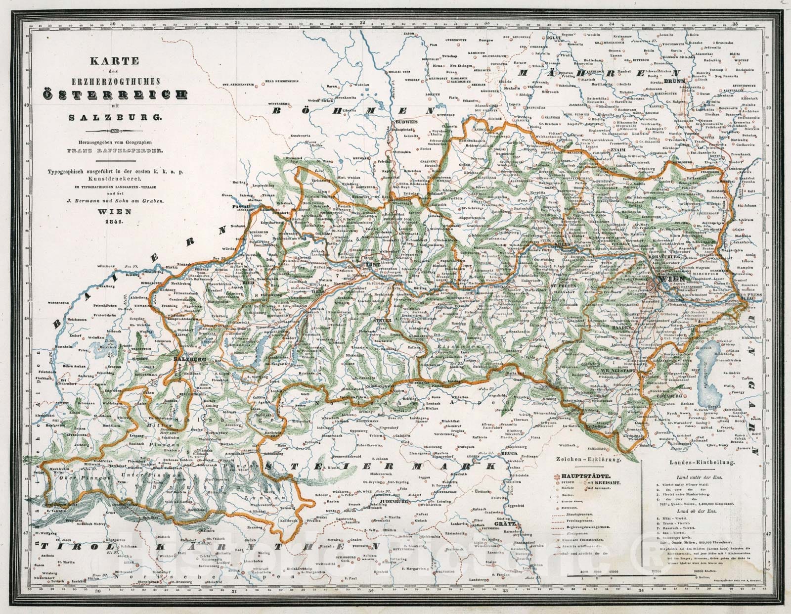 Historic Map : Karte des Erzherzogthumes Oesterreich mit Salzburg, 1841, Vintage Wall Art