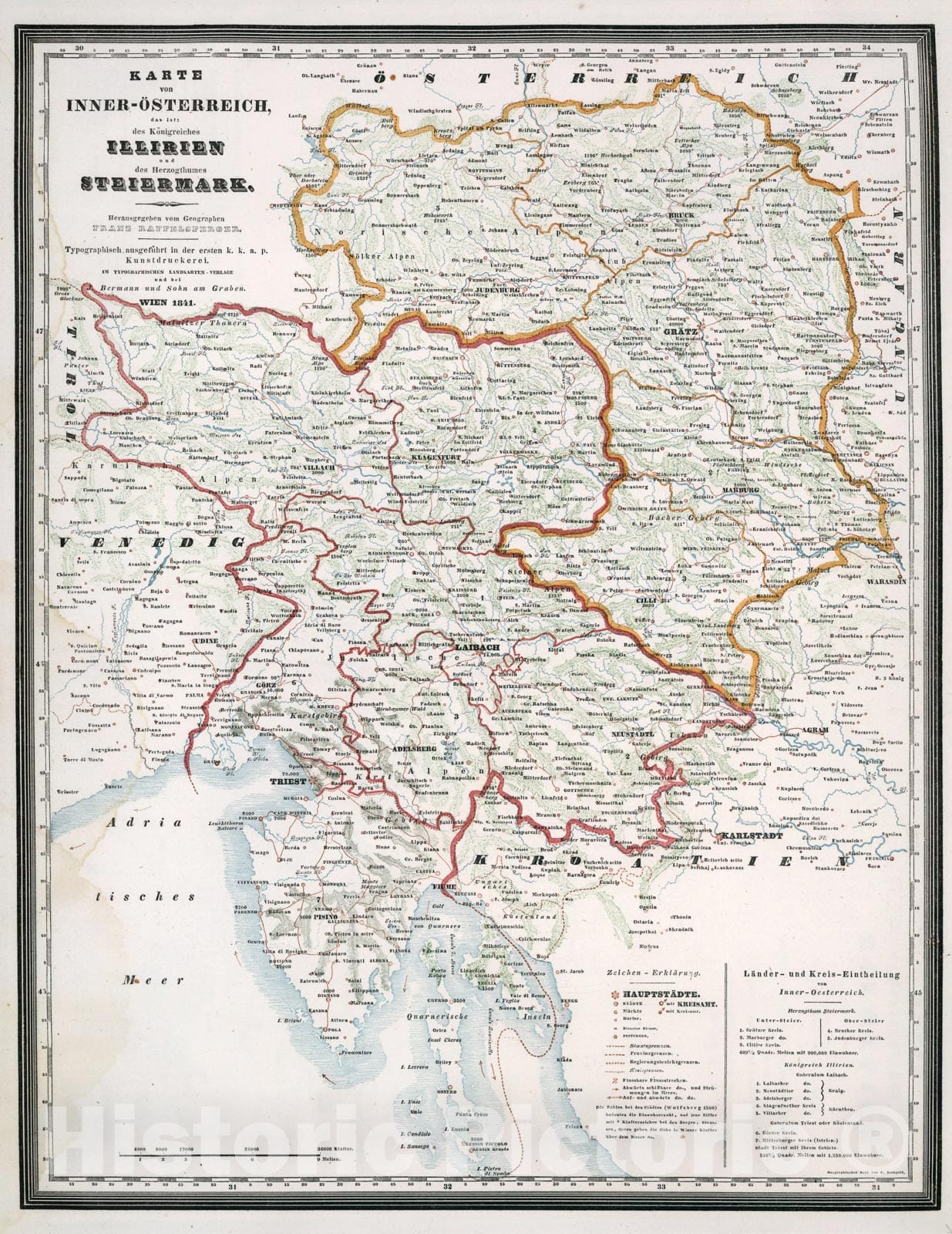 Historic Map : Karte von Inner-Osterreich, 1841, Vintage Wall Art