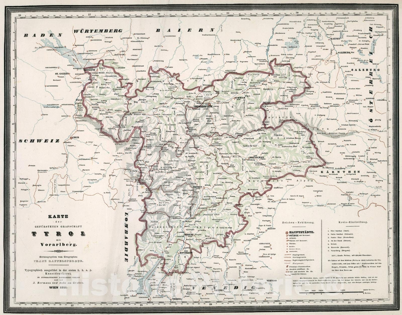 Historic Map : Karte der Gefursteten Grafschaft Tyrol mit Vorarlberg, 1841, Vintage Wall Art
