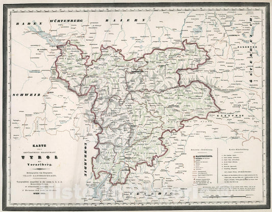 Historic Map : Karte der Gefursteten Grafschaft Tyrol mit Vorarlberg, 1841, Vintage Wall Art