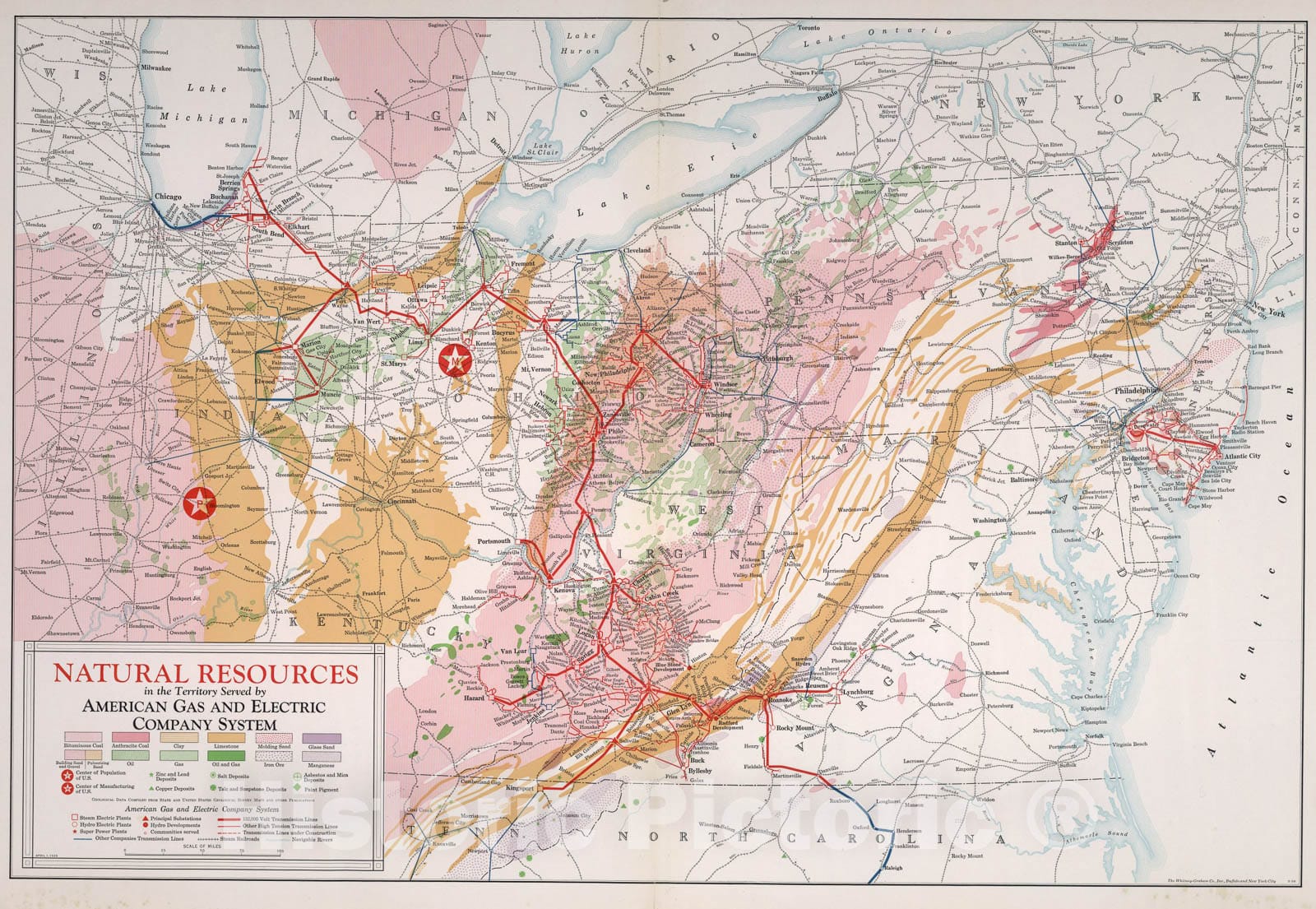Historic Map : Natural resources in the Territory served by American Gas and Electric Company System, 1929, Vintage Wall Art