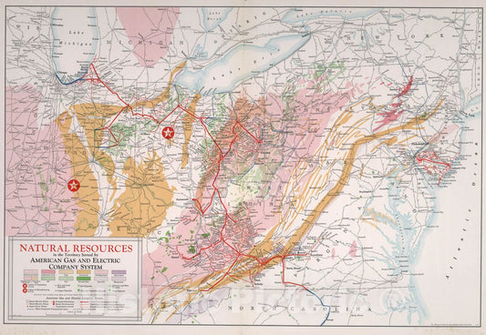Historic Map : Natural resources in the Territory served by American Gas and Electric Company System, 1929, Vintage Wall Art