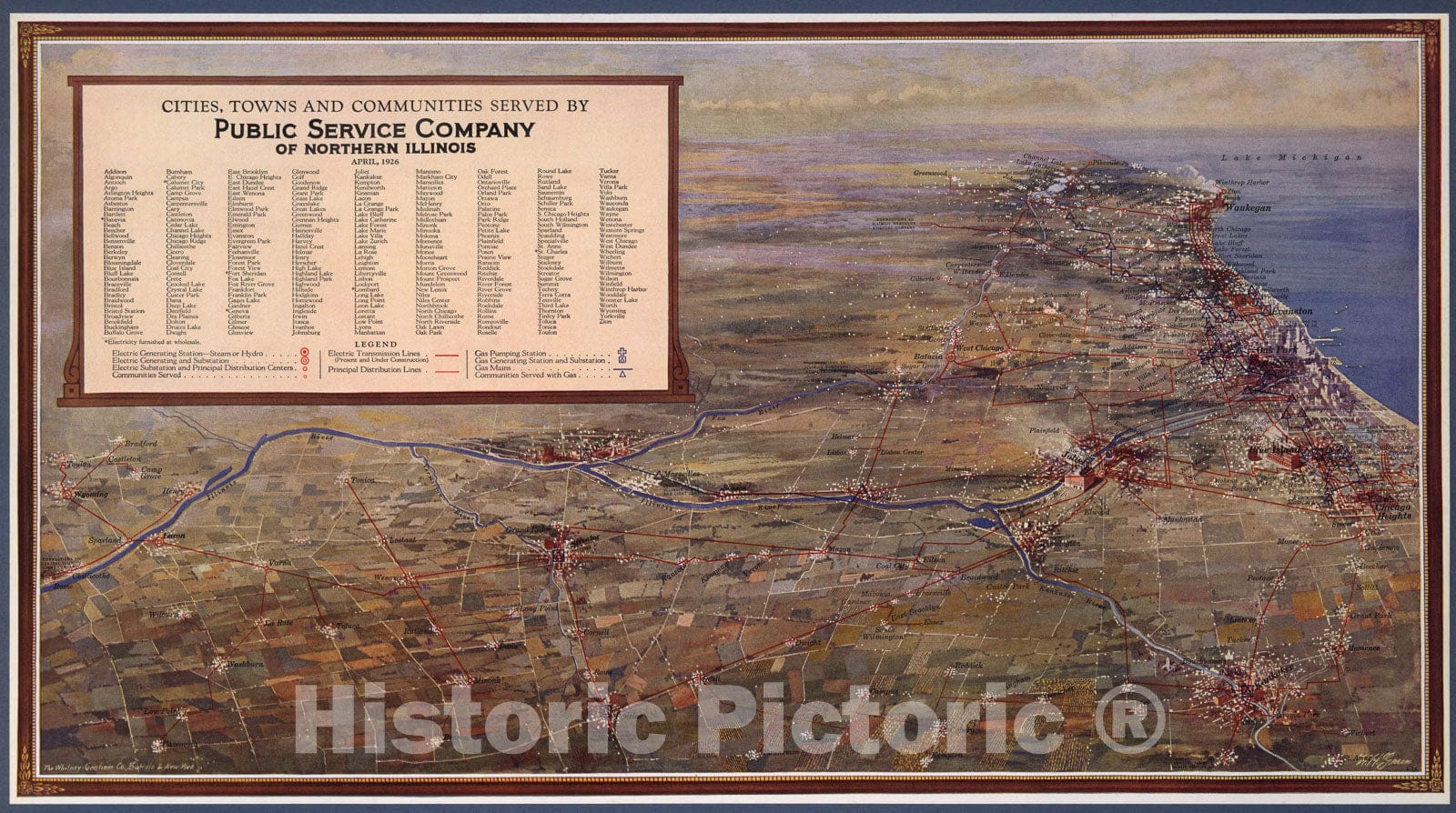 Historic Map : Cities, towns and communities served by Public Service Company of Northern Illinois, 1926, Vintage Wall Art