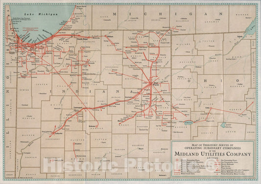 Historic Map : Map of territory served by operating subsidiary companies of the Midland Utilities Company, 1928, Vintage Wall Art