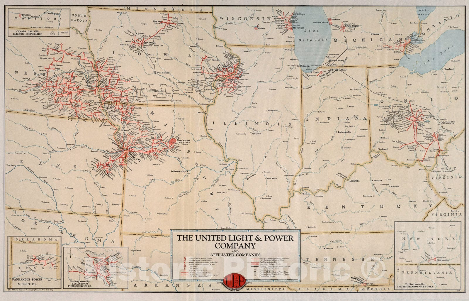 Historic Map : The United Light & Power Company and affiliated companies, 1929, Vintage Wall Art