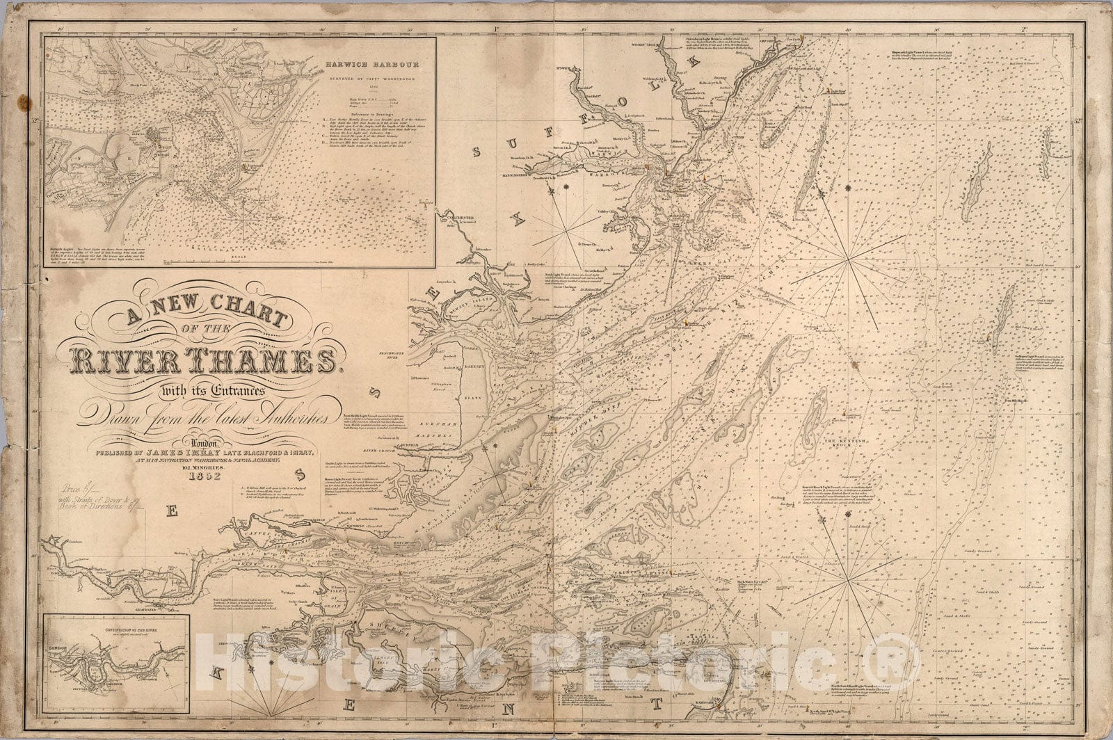 Historic Map : A new chart of the River Thames. With its entrances, 1852, Vintage Wall Art