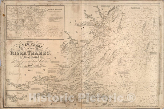Historic Map : A new chart of the River Thames. With its entrances, 1852, Vintage Wall Art