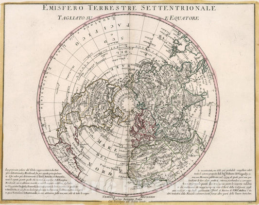 Historic Map : Emisfero terrestre Settentrionale : tagliato su lEquatore., 1779, Vintage Wall Art