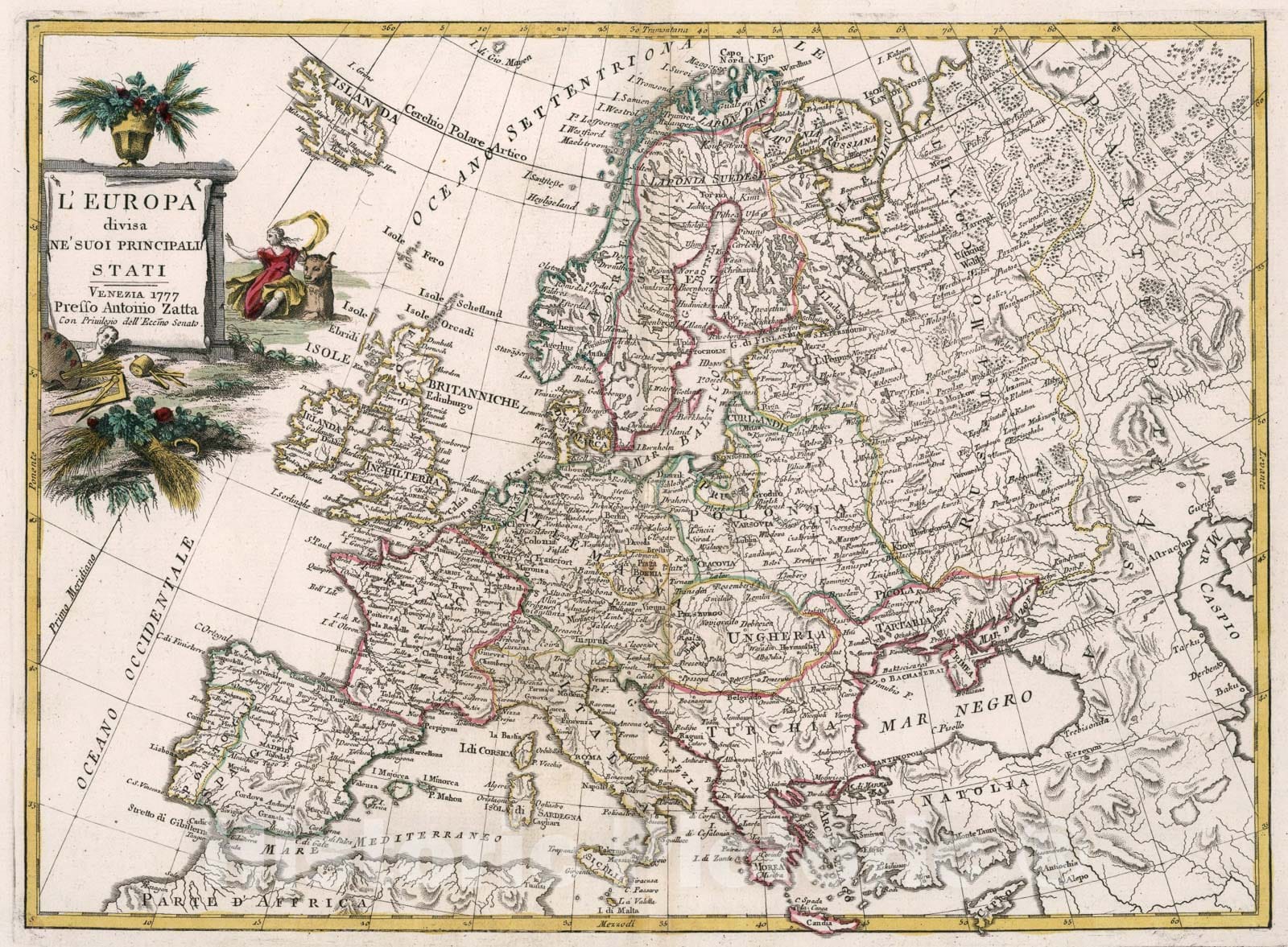 Historic Map : LEuropa divisa ne suoi principali Stati, 1777, Vintage Wall Art