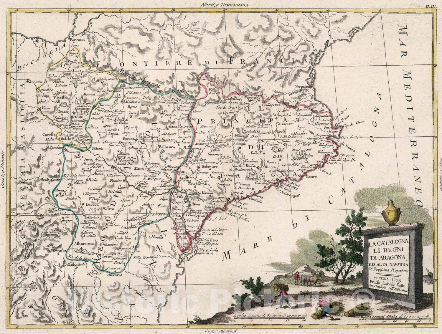 Historic Map : La Catalogna, li regni di Aragona ed Alta Navarra, 1775, Vintage Wall Art