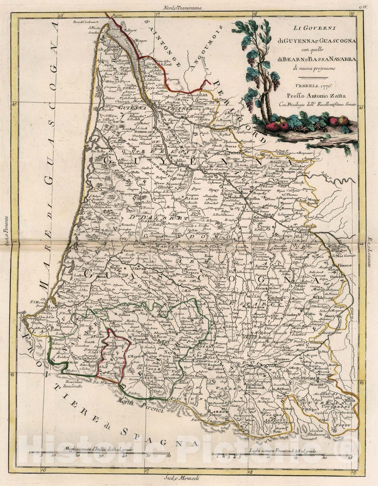Historic Map : Li Governi di Guyenna e Guascogna con quello di Bearn, e Bassa Navarra, 1776, Vintage Wall Art