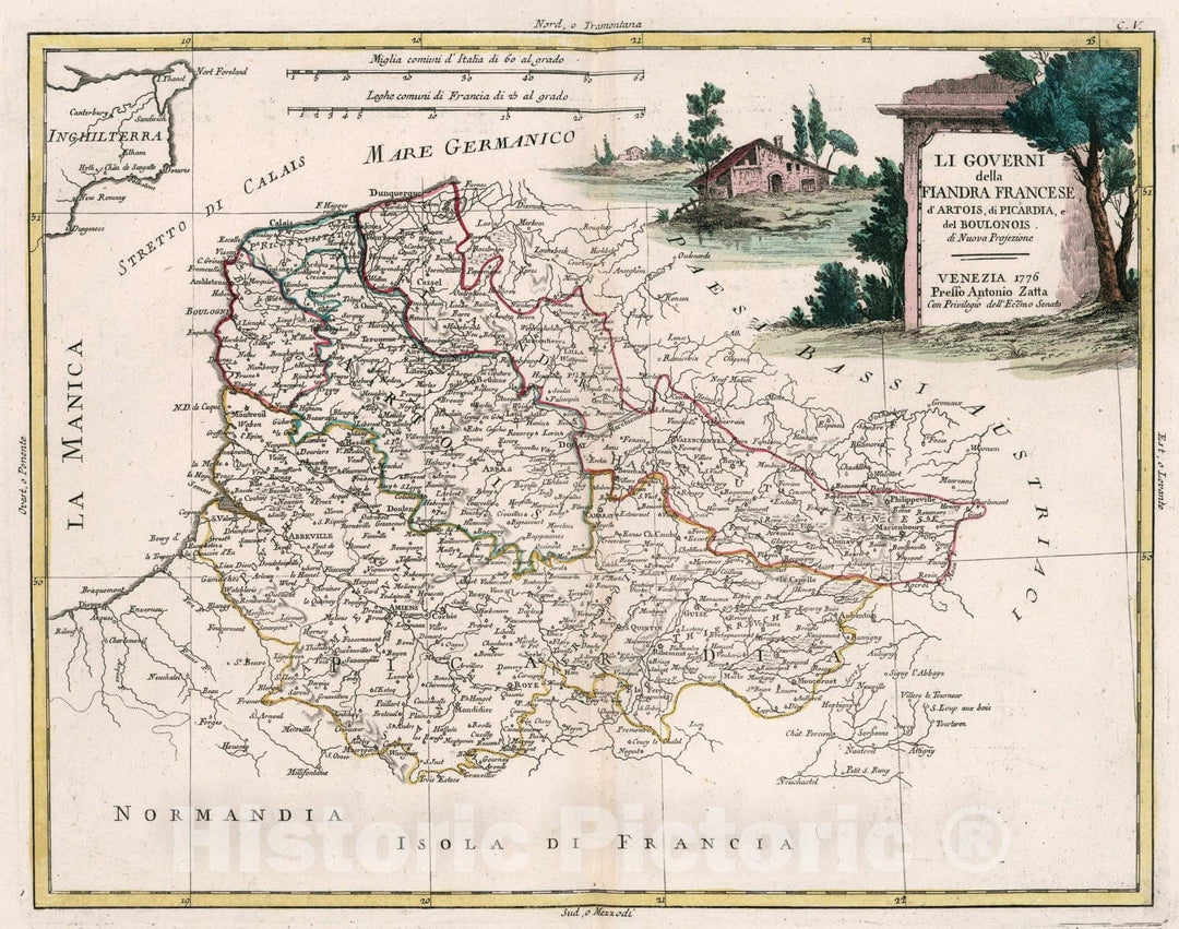Historic Map : Li Governi della Fiandra Francese, dArtois, di Picardia, e del Boulonois, 1776, Vintage Wall Art