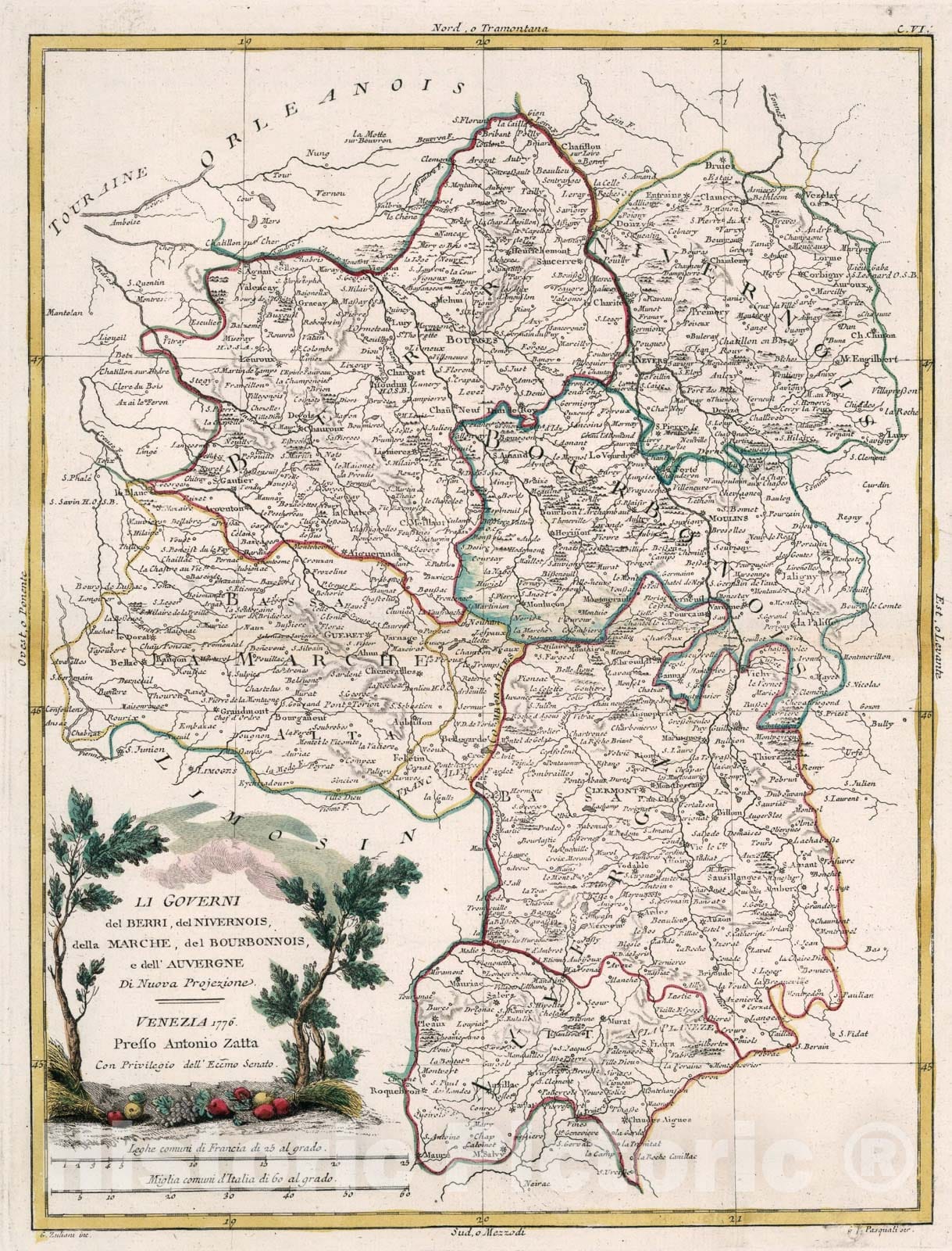 Historic Map : Li governi del Berri, del Nivernois, della Marche, 1776, Vintage Wall Art