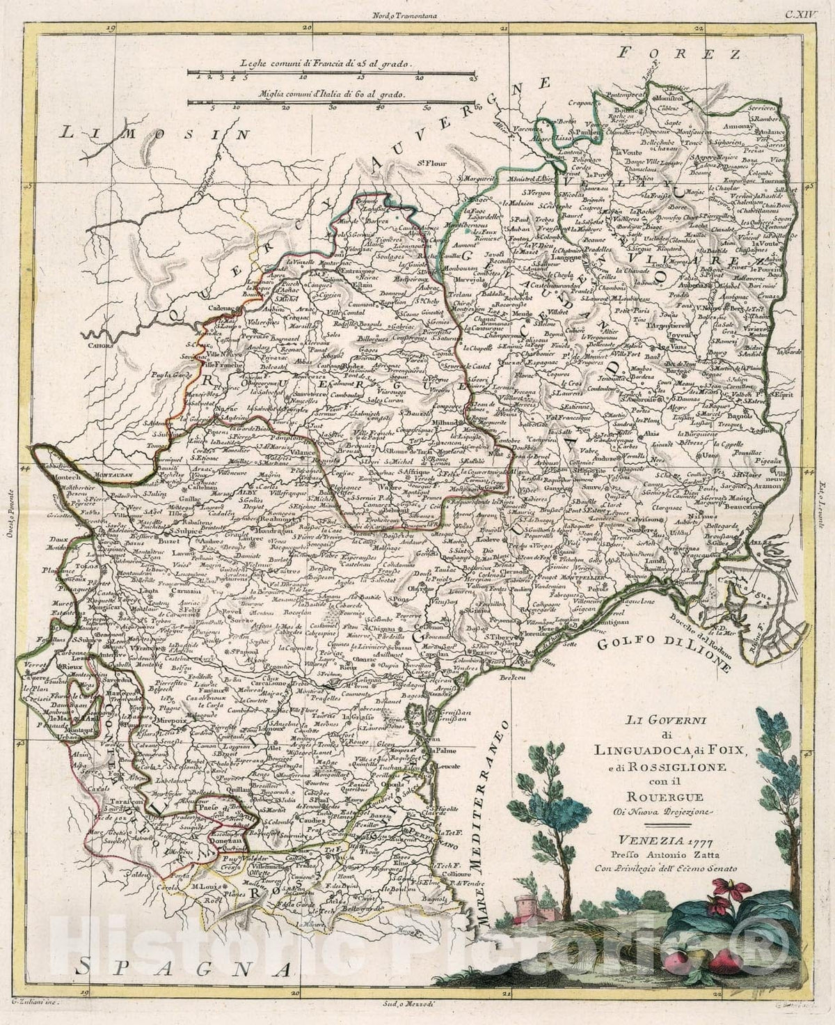Historic Map : Li Governi di Linguadoca, di Foix, e di Rossiglione con il Rouergue, 1777, Vintage Wall Art