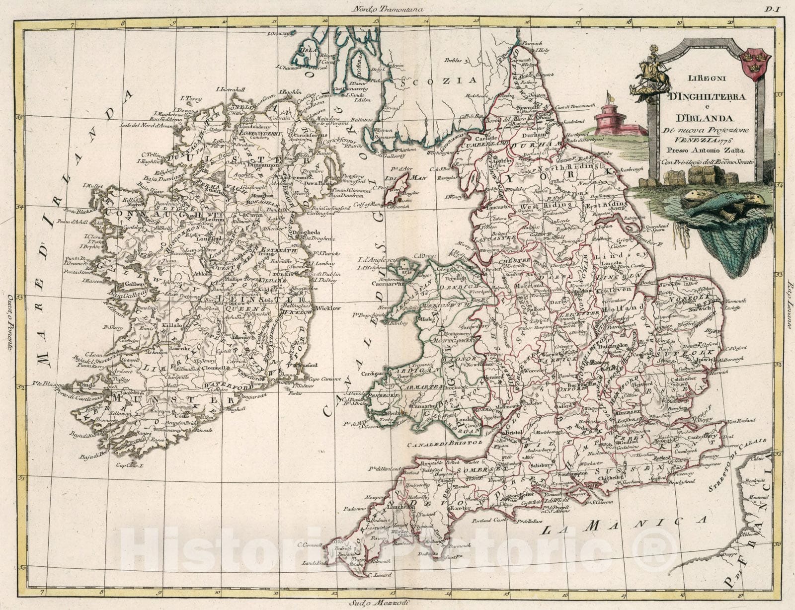 Historic Map : Li regni dInghilterra e dIrlanda, 1776, Vintage Wall Art