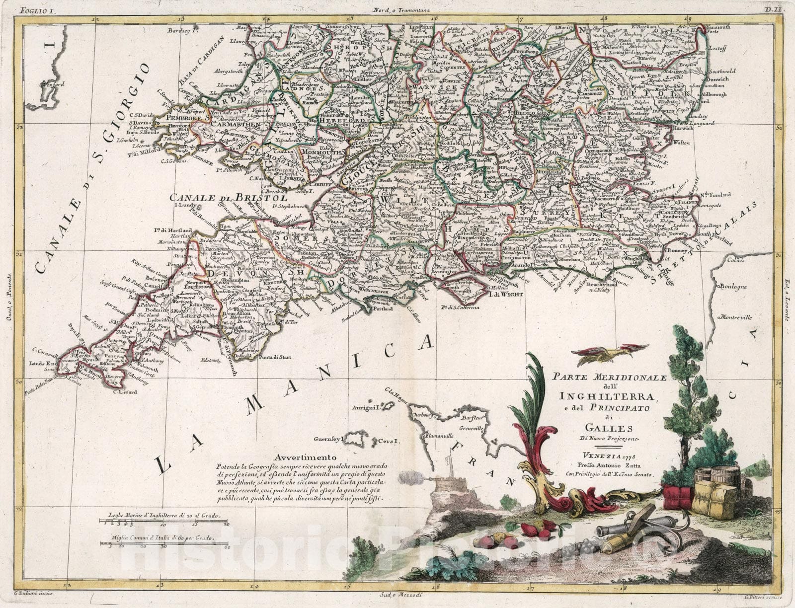 Historic Map : Parte Meridionale dell Inghilterra, e del principato di Galles, 1778, Vintage Wall Art