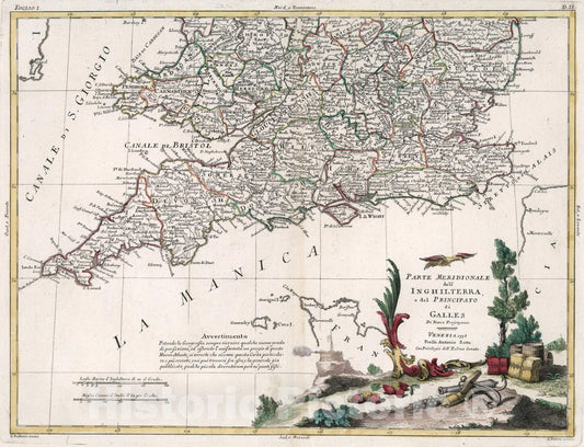 Historic Map : Parte Meridionale dell Inghilterra, e del principato di Galles, 1778, Vintage Wall Art