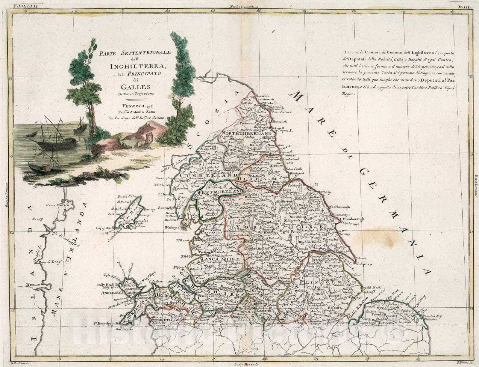 Historic Map : Parte settentrionale dell Inghilterra, e del principato di Galles, 1778, Vintage Wall Art