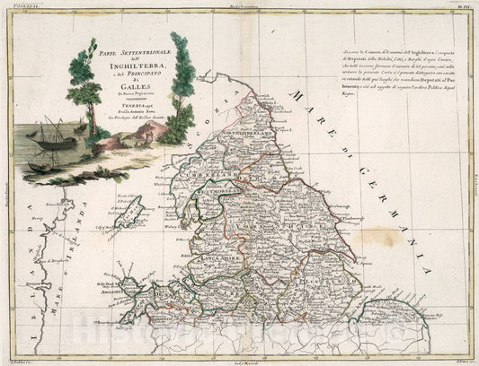 Historic Map : Parte settentrionale dell Inghilterra, e del principato di Galles, 1778, Vintage Wall Art