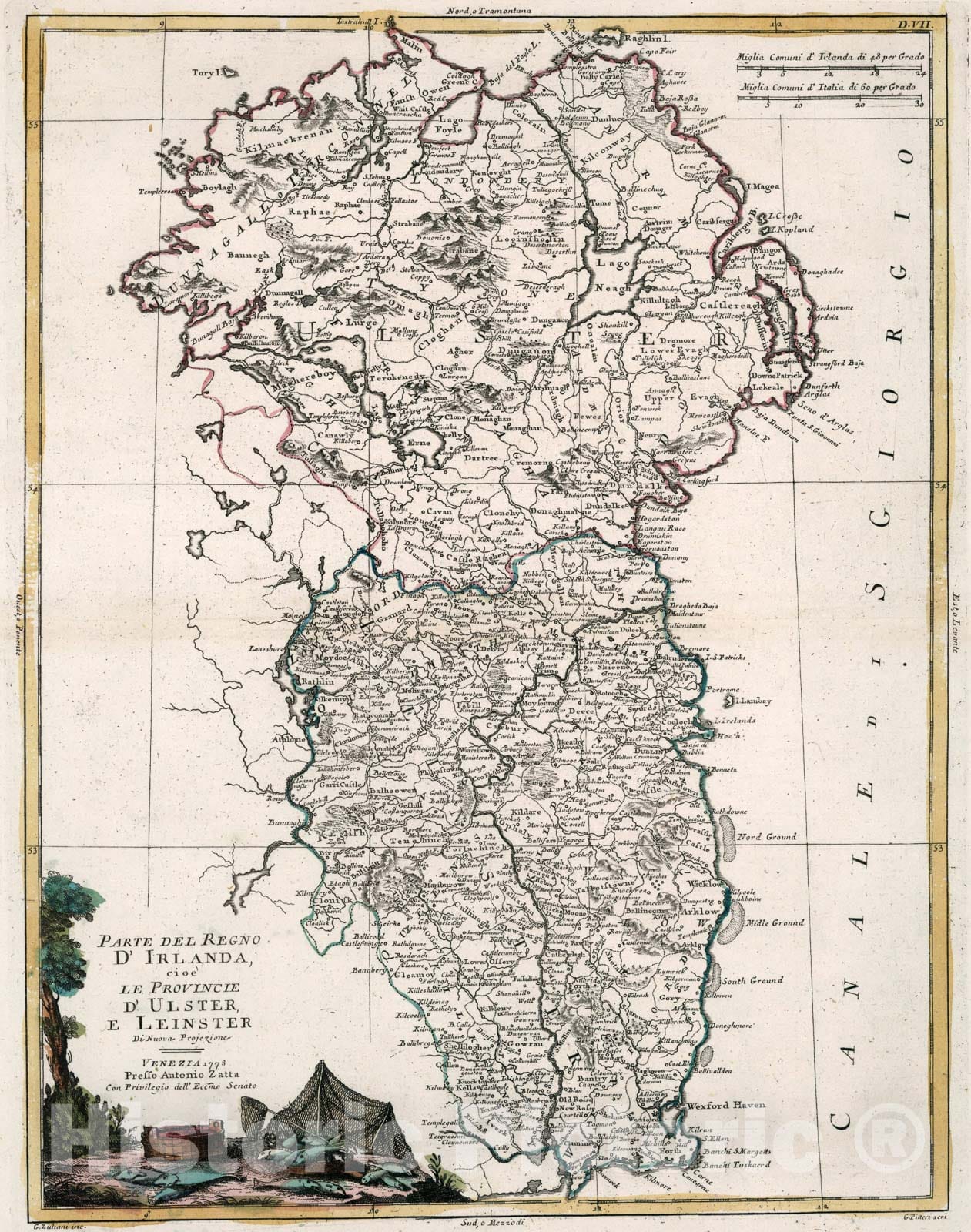 Historic Map : Parte del regno dIrlanda, cioe le provincie d Ulster, e Munster, 1778, Vintage Wall Art