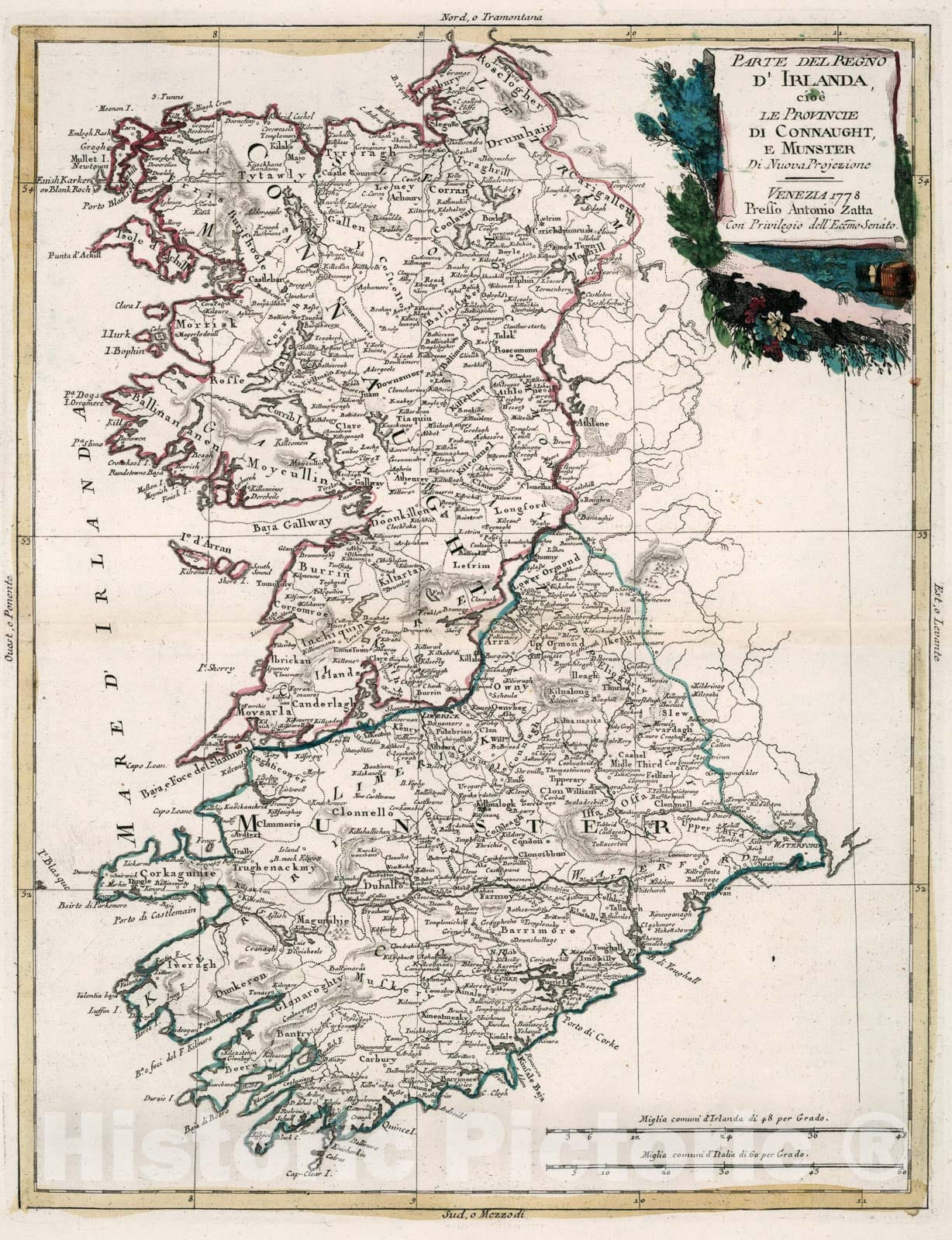 Historic Map : Parte del regno dIrlanda, cioe le provincie di Connaught, e Munster, 1778, Vintage Wall Art