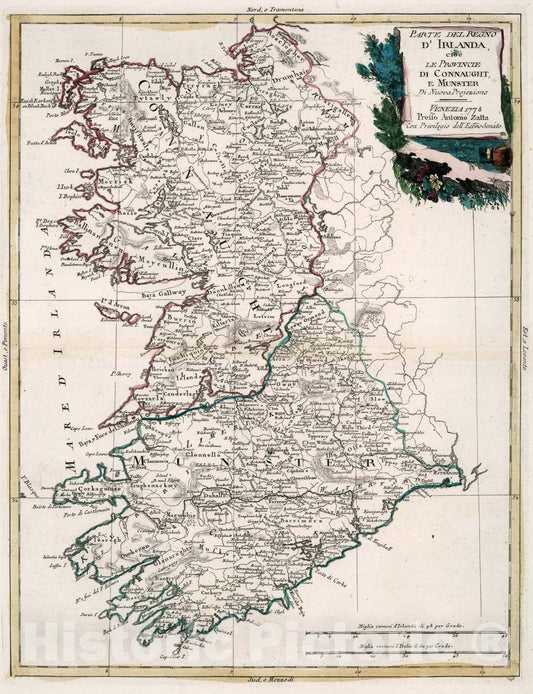 Historic Map : Parte del regno dIrlanda, cioe le provincie di Connaught, e Munster, 1778, Vintage Wall Art