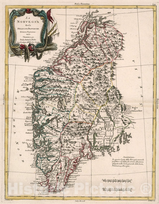 Historic Map : La Norvegia divisa Nelle Sue Provincie, 1781, Vintage Wall Art