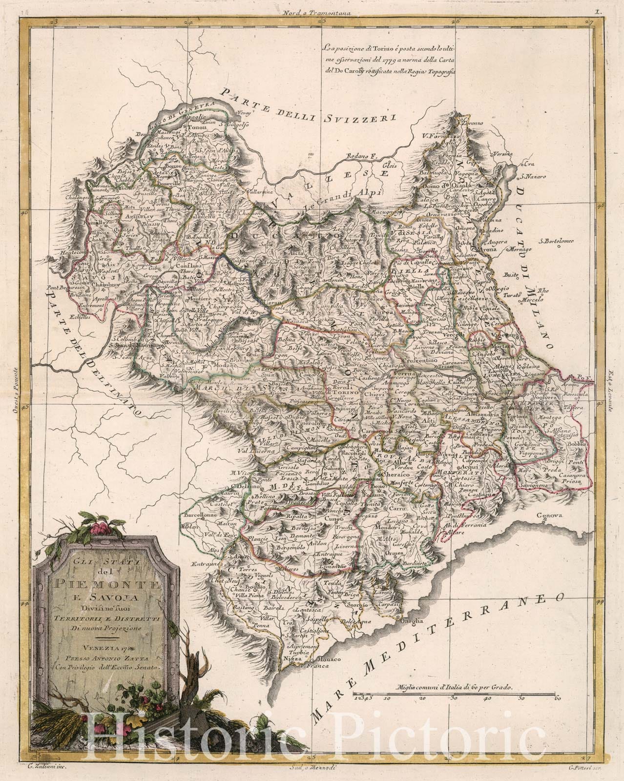 Piedmont and Savona, Italy - Route Map, 1782 - Historical Map Print