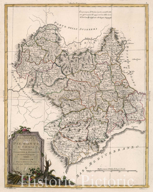 Piedmont and Savona, Italy - Route Map, 1782 - Historical Map Print