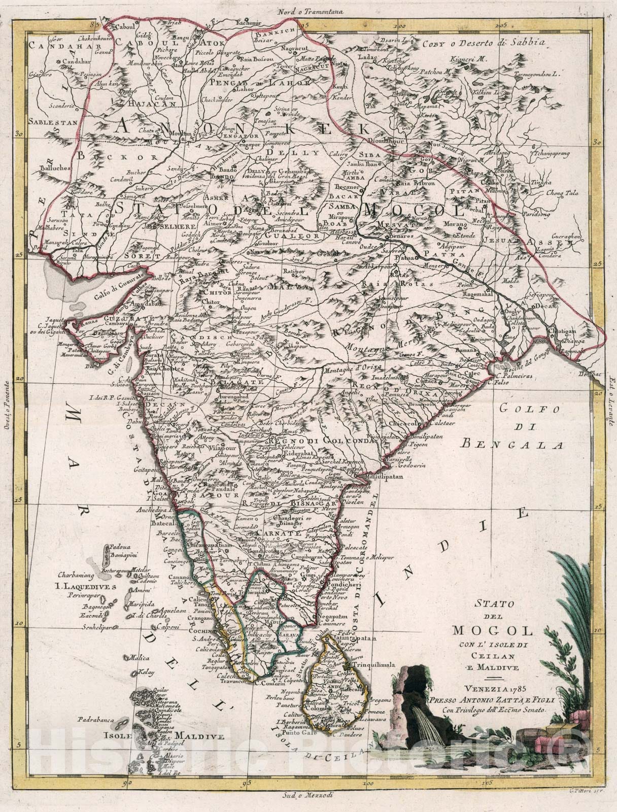 Historic Map : Stato del Mogol con Isole di Ceilan e Maldive, 1785, Vintage Wall Art