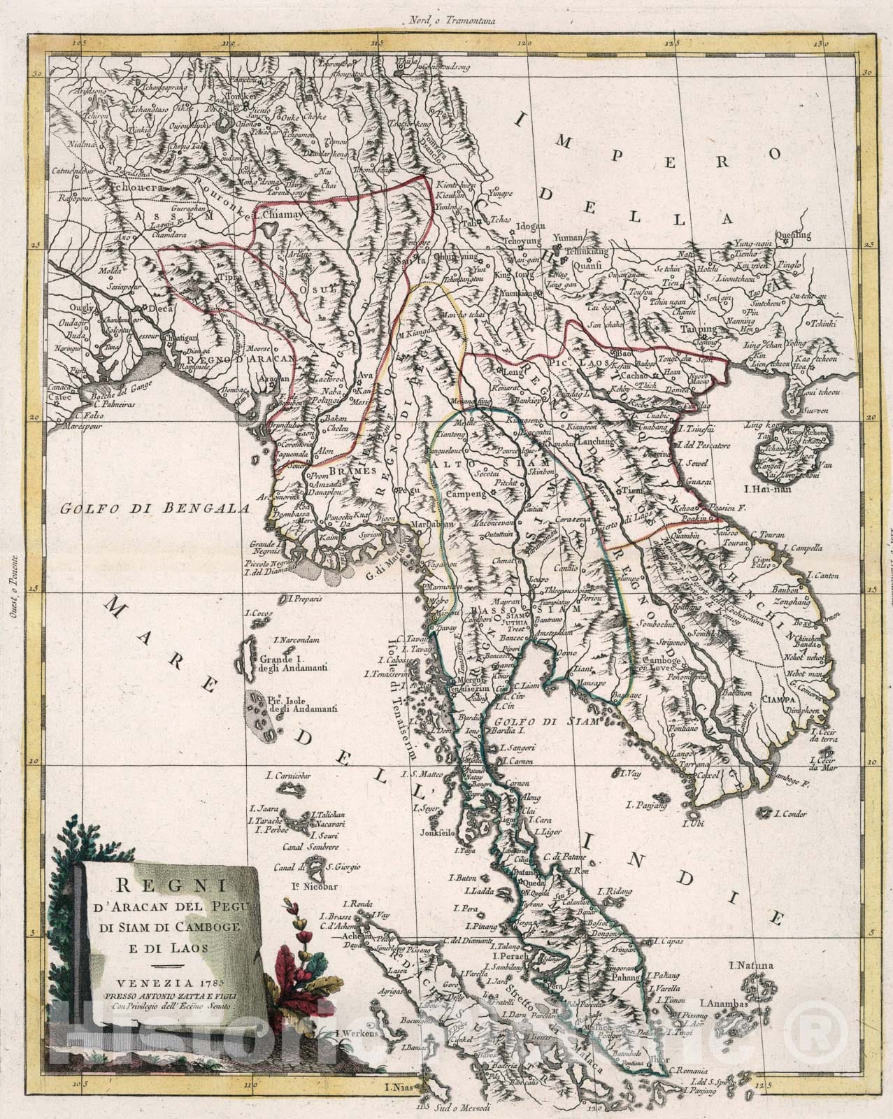 Historic Map : Regni D'Aracan Del Pegu Di Siam Di Camboge E Di Laos, 1785, 1785, , Vintage Wall Art