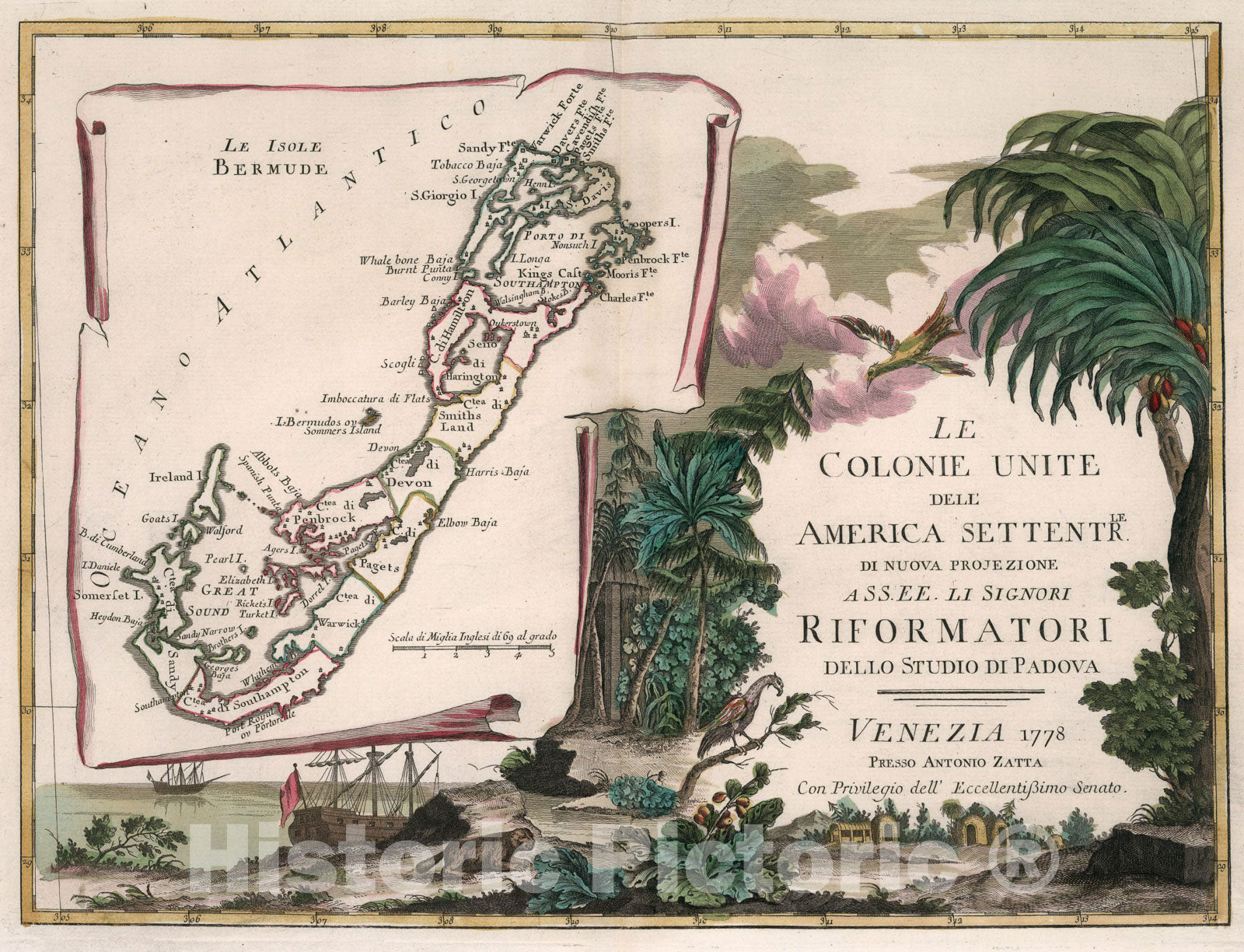 Historic Map : Title Page: Le Colonie Unite dell America Settentrle. Le isole Bermude, 1778, Vintage Wall Art