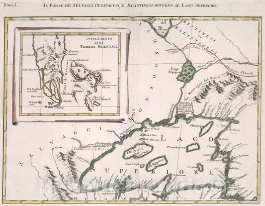 Historic Map : Il Paese de Selvaggi Outauacesi, e Kilistinesi Intorno al Lago Superiore. Fogl. I, 1778, Vintage Wall Art