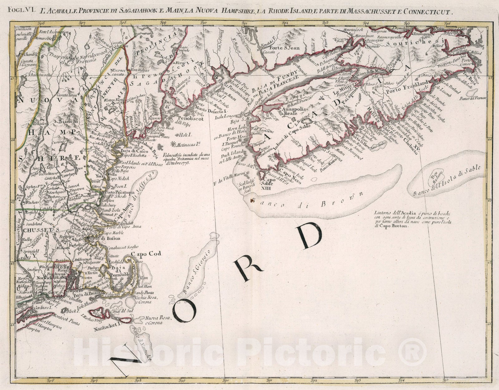 Historic Map : LAcadia, le Provincie di Sagadahook e Main, la Nuova Hampshire. Fogl. VI, 1778, Vintage Wall Art