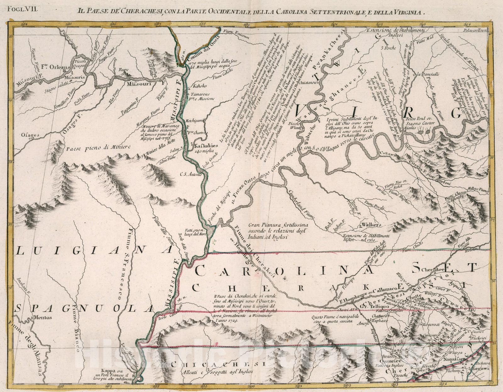 Historic Map : Il Paese de Cherachesi, con la Parte Occidentale della Carolina Settentrionale. Fogl. VII, 1778, Vintage Wall Art