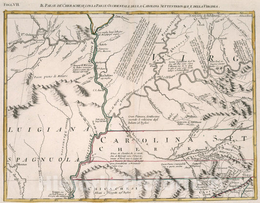 Historic Map : Il Paese de Cherachesi, con la Parte Occidentale della Carolina Settentrionale. Fogl. VII, 1778, Vintage Wall Art