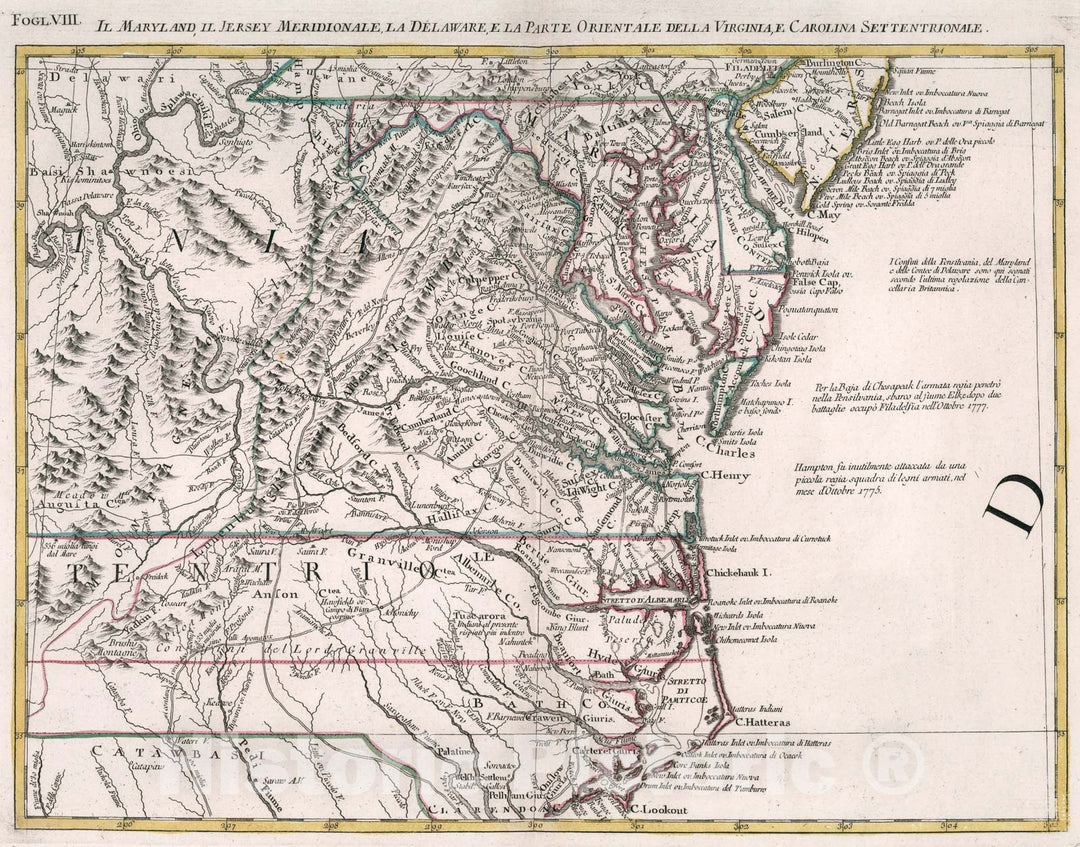 Historic Map : Il Maryland, il Jersey Meridionale, la Delaware, e la Parte Orientale della Virginia. Fogl. VIII, 1778, Vintage Wall Art