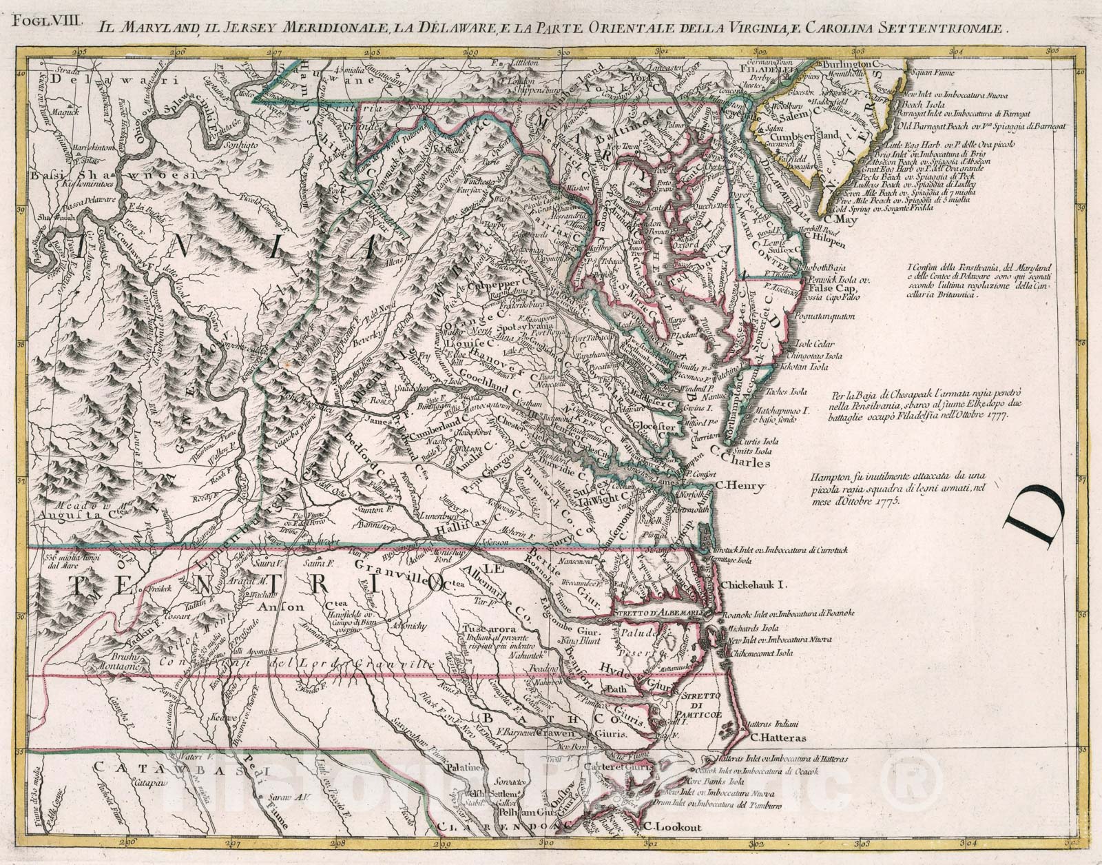 Historic Map : Il Maryland, il Jersey Meridionale, la Delaware, e la Parte Orientale della Virginia. Fogl. VIII, 1778, Vintage Wall Art