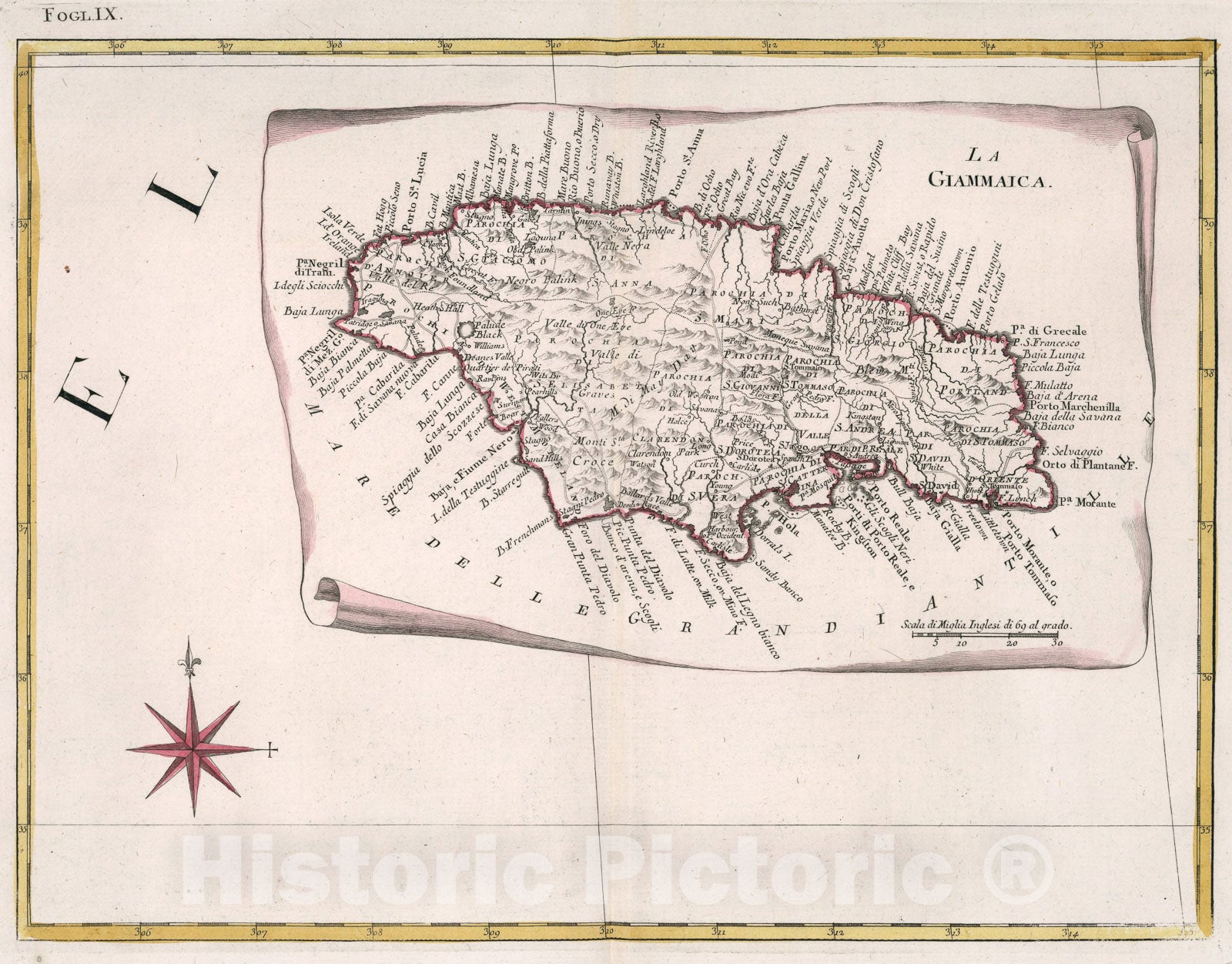 Historic Map : La Giammaica. Fogl. IX, 1778, Vintage Wall Art